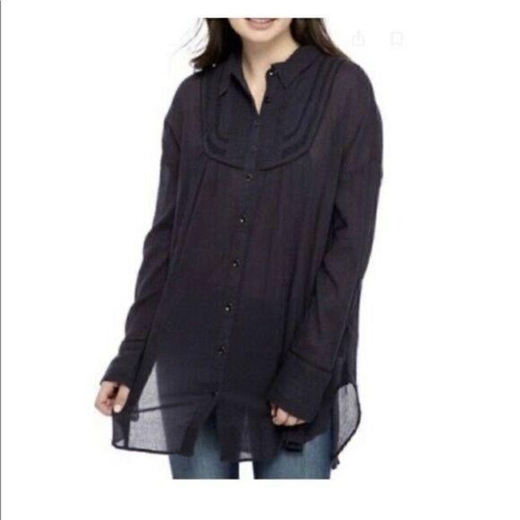 Free People NEW Navy Blue Contrast Seam Blouse Top - Picture 3 of 7